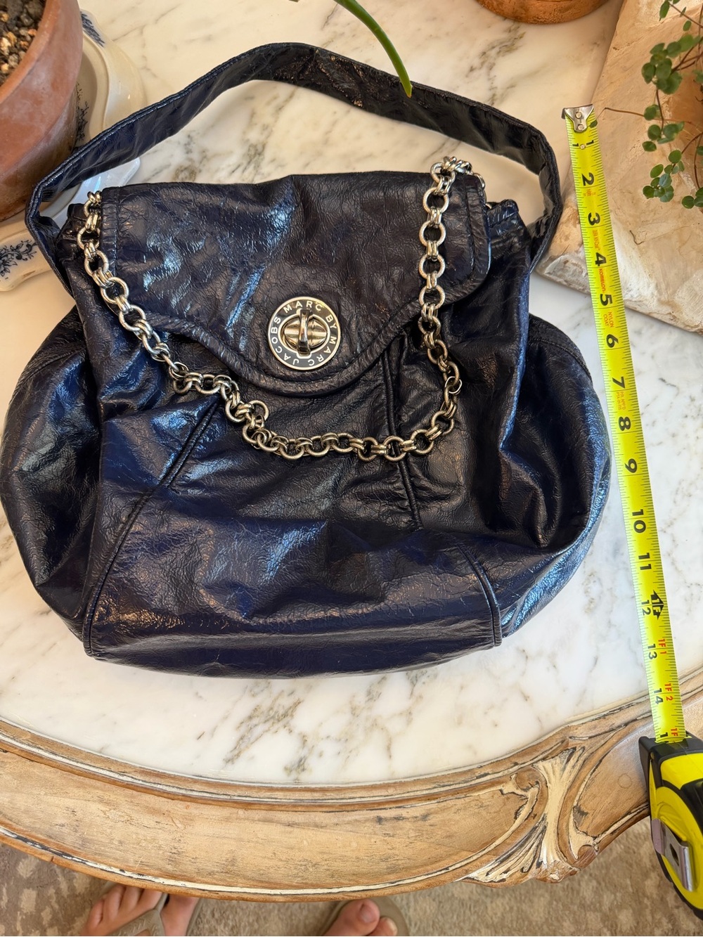 Marc Jacobs Navy Patent Leather Shoulder Bag Silver Chain - Picture 10 of 11